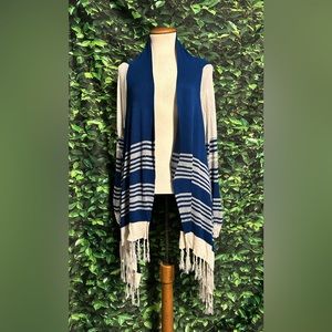 Energe World Wear Southwestern Aztec Print Open Cardigan Blue Fringe Womens PXL